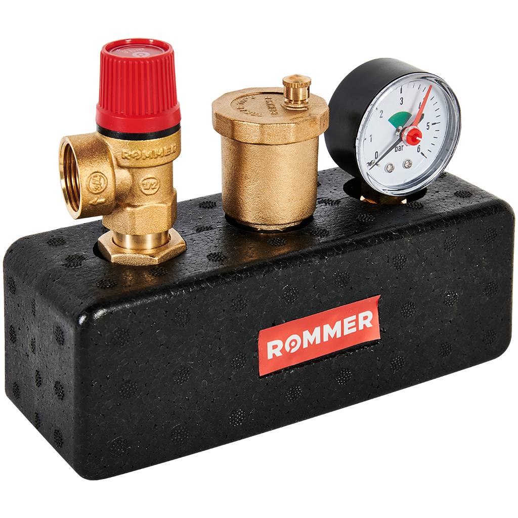 Группа безопасности котла ROMMER RVS-0004-055025 3 бар, 1 (до 50 кВт) (в теплоизоляции)