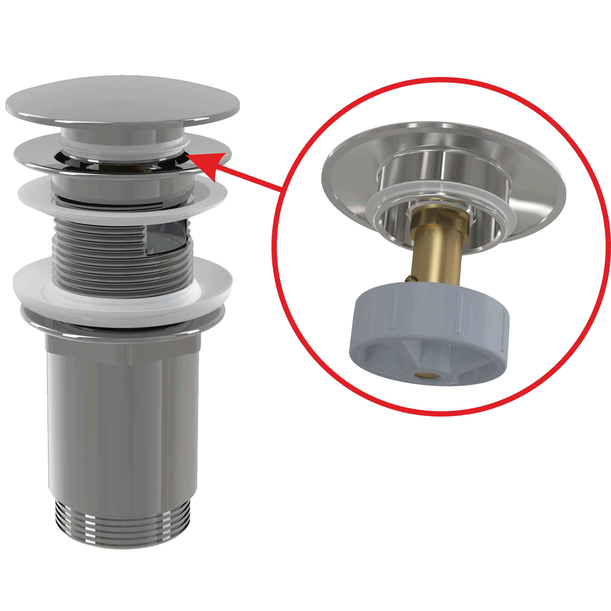 Донный клапан сифона AlcaPlast A392C для умывальника CLICK/CLACK 5/4″, цельнометаллический с переливом и большой заглушкой