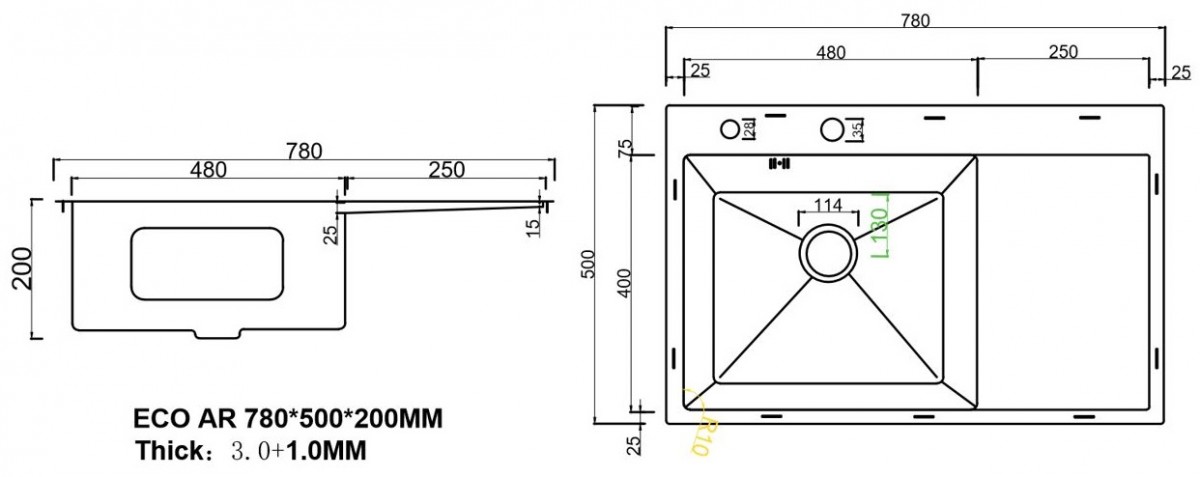 Мойка кухонная ARFEKA ECO AR 780*500 L SATIN