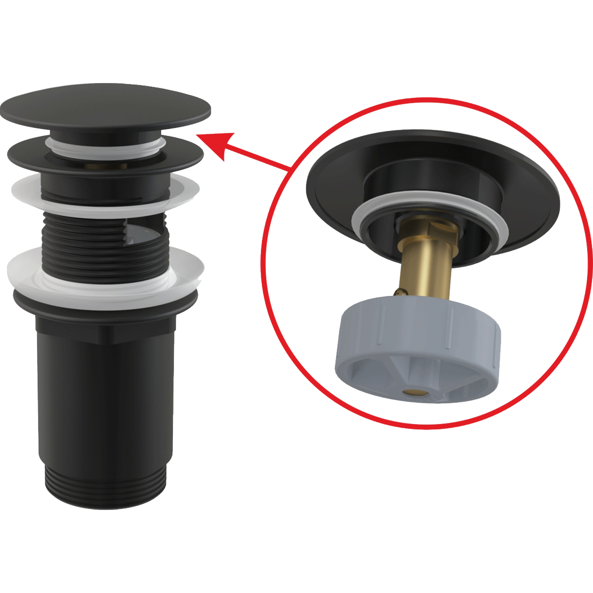 Донный клапан сифона AlcaPlast A392BLACK для умывальника CLICK/CLACK 5/4″, цельнометаллический с переливом и большой черной заглушкой