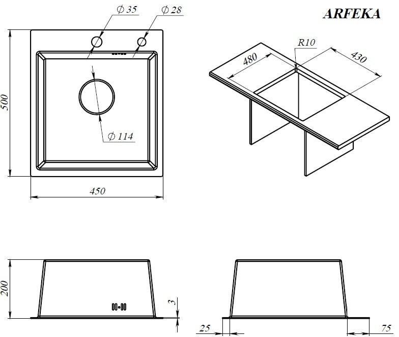 Мойка кухонная ARFEKA ECO AR 450x500 GOLD PVD NANO, золото